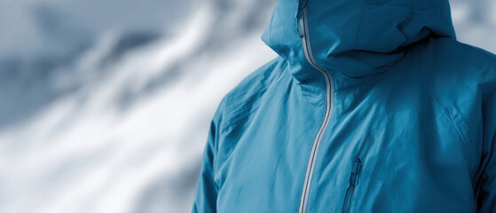 Blue ski jacket against snowy mountain background