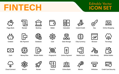Finance and Technology Icon Collection – Professional Minimalist Line Vector Icons for Cryptocurrency, Mobile Banking, Digital Wallets, and Investments