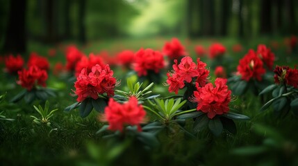 Obraz premium Red Rhododendron Flowers in Forest
