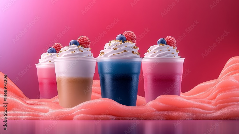 Aufkleber row of colorful drinks with whipped cream and fruit on top. the drinks are in cups and are arranged 