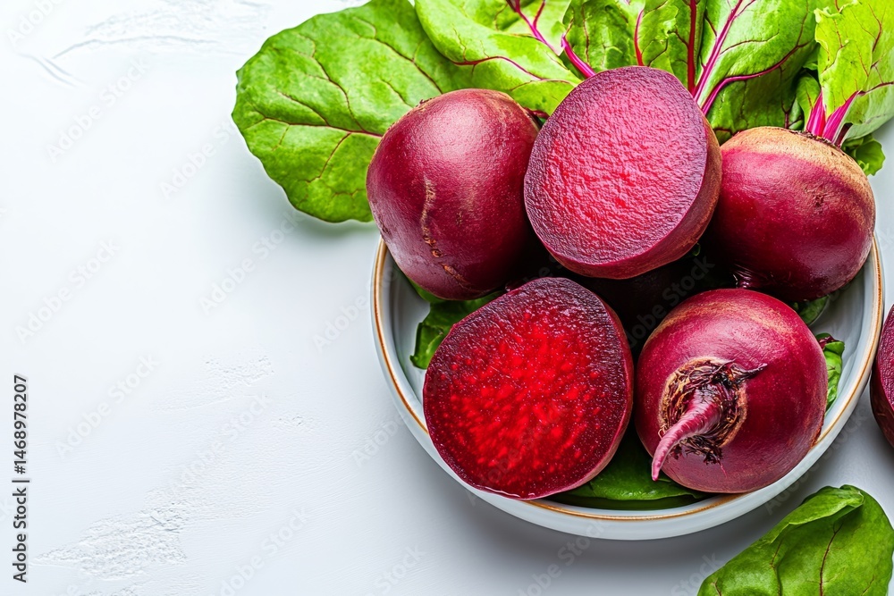 Poster bowl of red beets with a leafy green garnish. the beets are cut in half and arranged in a way that t