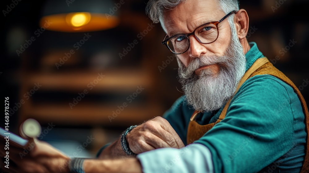 Poster man with a beard and glasses is sitting at a table with a book in front of him. he is wearing a gree