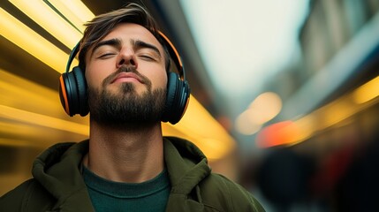 Man wearing headphones is looking away from the camera. He is wearing a green hoodie and he is listening to music