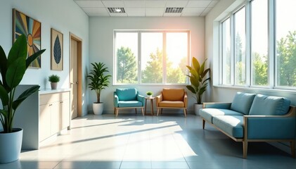 Fototapeta premium Clean, modern doctor's office waiting area with comfortable seating and natural light , interior, medicine