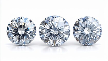 Three sparkling diamonds are displayed in a row, showcasing their brilliant cut and clarity against a clean white background