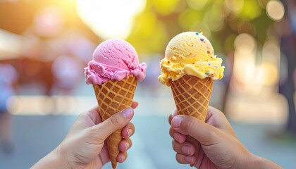 Two hands hold ice cream cones with pink and yellow scoops, set against a blurred outdoor background. A bright, sunny day enhances the cheerful scene