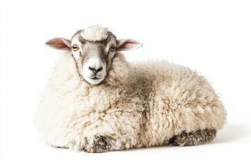 Fluffy sheep resting, studio shot, white background, farm animal