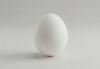 Single white egg standing upright on a light gray surface with subtle shadow