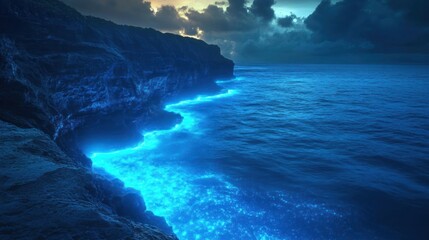 Enchanted Ocean: Bio-luminescent Waves Crashing Against a Rocky Coastline at Dusk
