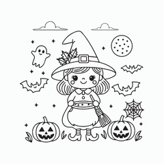 Cute Halloween Witch Illustration – Kawaii Style Line Art with Pumpkin and Ghosts