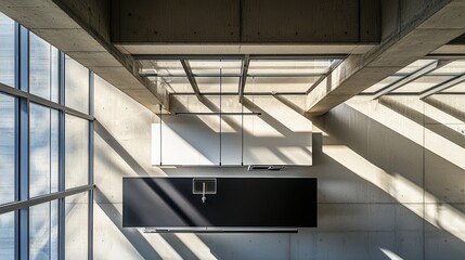 Elevated view of a modern concrete interior kitchen.
