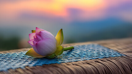 Lotus on yoga mat at sunrise, symbolizing peace and mindfulness on International Yoga Day