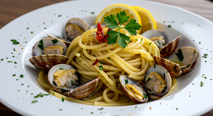 Italian Spaghetti alle Vongole with fresh Manila clams in white wine sauce, chopped parsley and chili flakes 