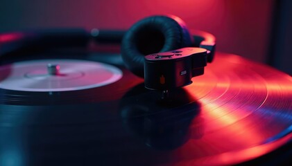 Close-up of headphones on a vinyl record, showcasing the listening experience , sound, festival