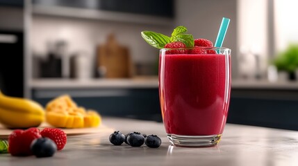 Glass of red juice with a straw in it is sitting on a counter next to a plate of fruit. The juice is garnished with raspberries and blueberries, giving it a vibrant and healthy appearance