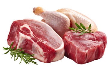 Raw Beef Tenderloin, Pork Chop, and Whole Chicken with Rosemary, PNG