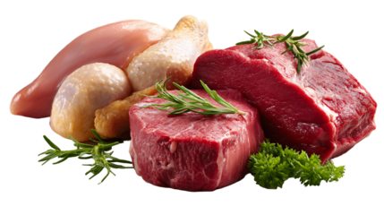 Raw Beef and Chicken Assortment with Herbs on Transparent Background, PNG