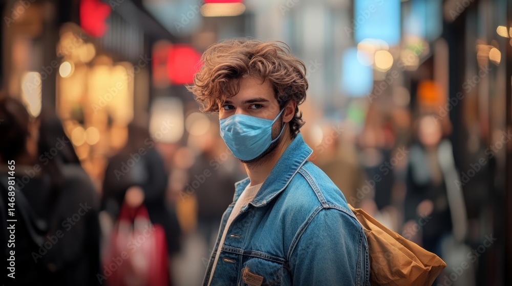 Aufkleber man wearing a blue jacket and a blue mask is standing in a crowded area. the man is looking at the c