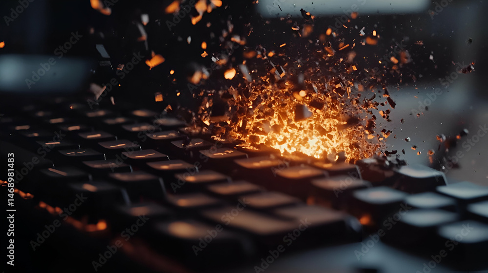 Poster fiery keyboard explosion: close up of a computer keyboard exploding with orange sparks and debris