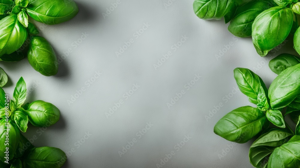 Poster close up of green leaves of basil. the leaves are arranged in a way that they form a frame around th