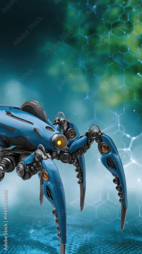 Poster futuristic blue metallic robot spider walker with glowing optics on hexagonal grid background
