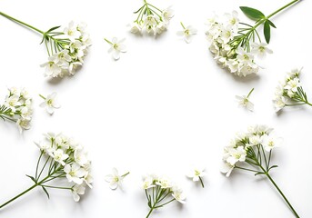 Fototapeta premium White flowers arranged in a circle on a white background, creating a frame