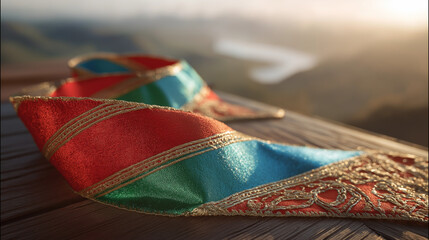 Traditional Djibouti sash with red, green, and blue embroidery on wood, celebrating independence and cultural pride.