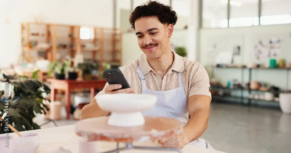 Poster man, technology and potter in workshop for small business, inventory management and stock checklist.