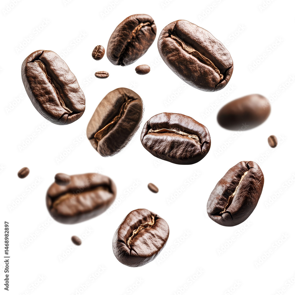Poster flying coffee beans isolated on a transparent background create a dynamic and energizing composition