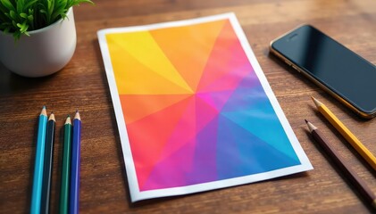 Colorful flyer design mockup on wooden table, pencils and smartphone , technology, advertising, simple