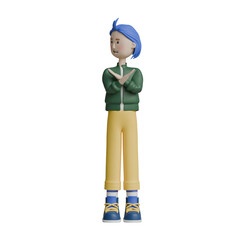 3d render man character reject, crossed arms, and say no pose gesture