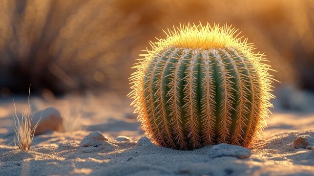 Golden Barrel Cactus Radiating Warm Light in the Arid Desert Landscape on Sandy Ground with Sharp Spines and Textured Surface under the Golden Hour Sunlight