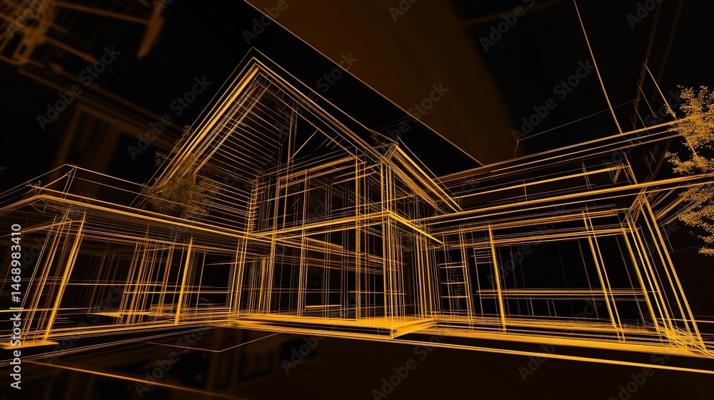 Poster architectural wireframe of a house on a dark background with orange lines and trees