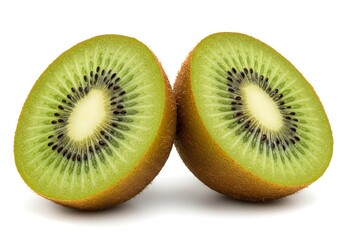 Fototapeta premium Halved kiwi fruit showing seeds and green flesh against white background