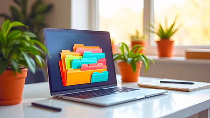 laptop in the window, A modern workspace setup that emphasizes the theme of digital organization and efficient data management _