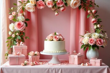 Elegant bridal shower setup with floral arrangements, cake, and gifts , shower, bridal shower