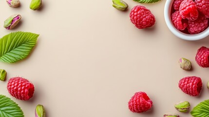 White bowl of raspberries sits on a table with a green leaf. The bowl is filled with raspberries and a few green leaves