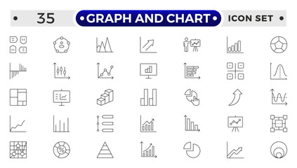 Growing bar graph and Chart outline icon set. Business graphs and charts icons. Statistics and analytics vector icon. Statistic and data, charts diagrams, money, down or up arrow.