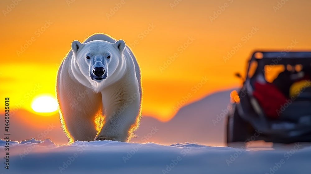 Poster polar bear is walking on a snowy surface in front of a car. the sun is setting in the background, cr