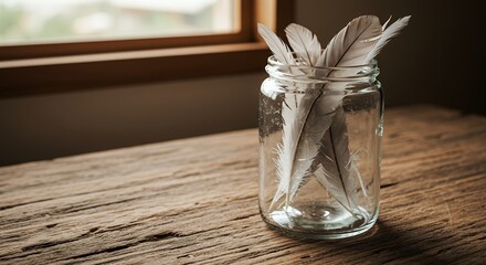 Feathers in Jar on Wooden Table