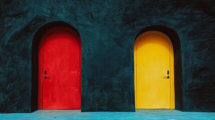Two doors, one red and one yellow, are next to each other. The red door is on the left and the yellow door is on the right