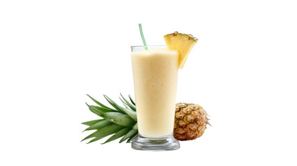 Realistic Pineapple Smoothie in Tall Glass with Straw Transparent Background