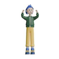 3d man render character success or raise both hands up gesture pose with pink background 