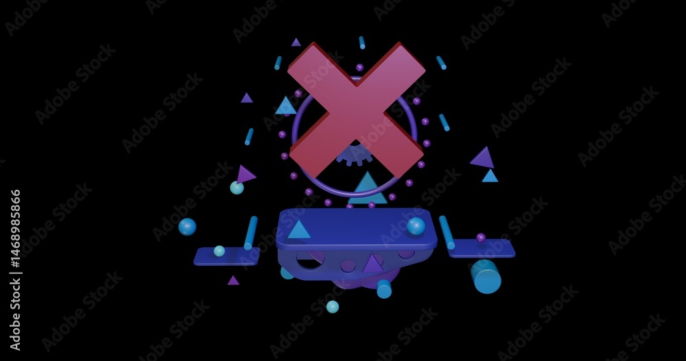 Poster red multiplication symbol on a pedestal of abstract geometric shapes floating in the air. abstract c