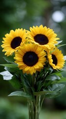 Obraz premium Vibrant bouquet of sunflowers in natural light featuring radiant yellow petals and green leaves against a blurred background outdoor