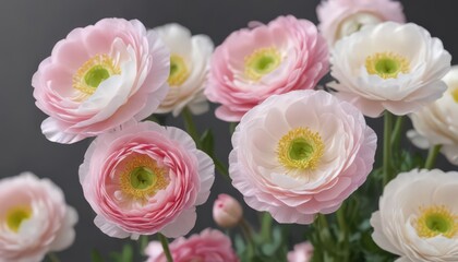 Delicate pink & white ranunculus blossoms, close-up  Petals unfurled , flower, image