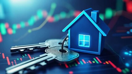 A digital house model with keys is set against a backdrop of financial graphs, symbolizing real estate investment and market trends. - Powered by Adobe