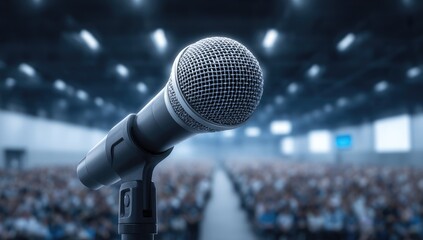 Fototapeta premium Silver Microphone on Stand in Large Conference Hall