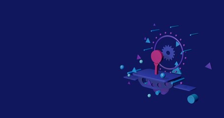 Pink golf symbol on a pedestal of abstract geometric shapes floating in the air. Abstract concept art with flying shapes on the right. 3d illustration on indigo background