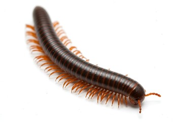 Obraz premium Millipede crawling on a plain white surface in a studio shot